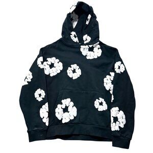 Denim Tears Mens Sz Medium Black Hoodie W/ White Floral Pattern Design
